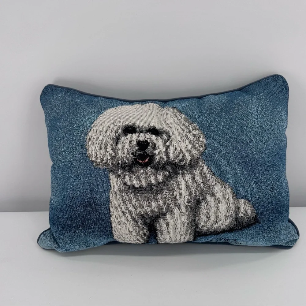 Linda Picken Tapestry Sofa Throw Blue Pillow White Bichon Dog‎ Home Decor